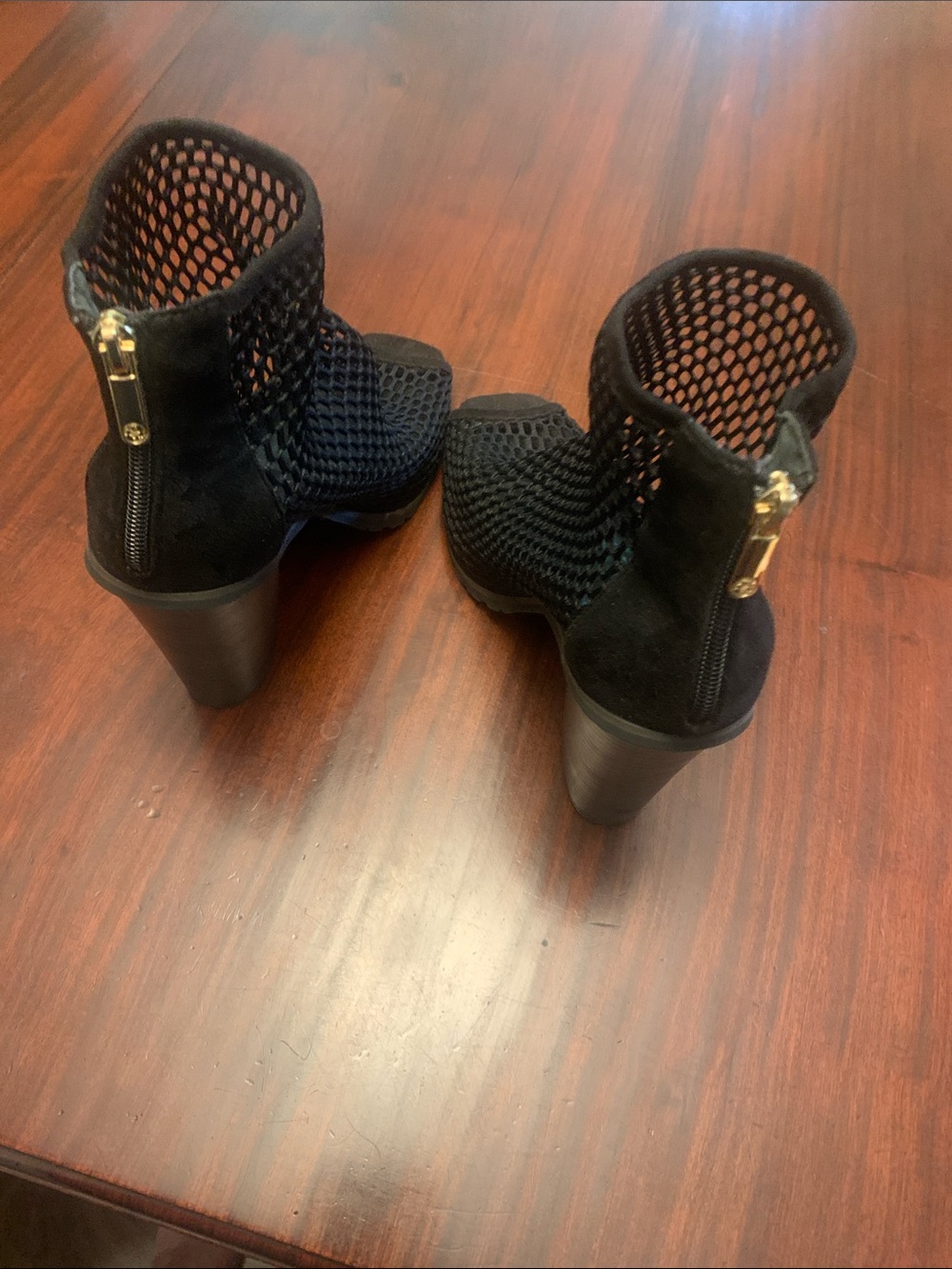Black Mesh Peep-Toe Heel Booties with Back Zipper. 3.5 inch heel